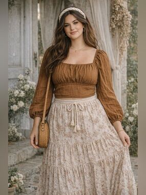 Brown Puff Sleeve Smocked Crop Top XL Cottagecore Boho Prairie